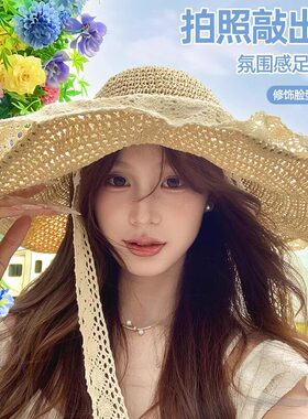蕾丝草帽女夏季海边度假遮阳帽