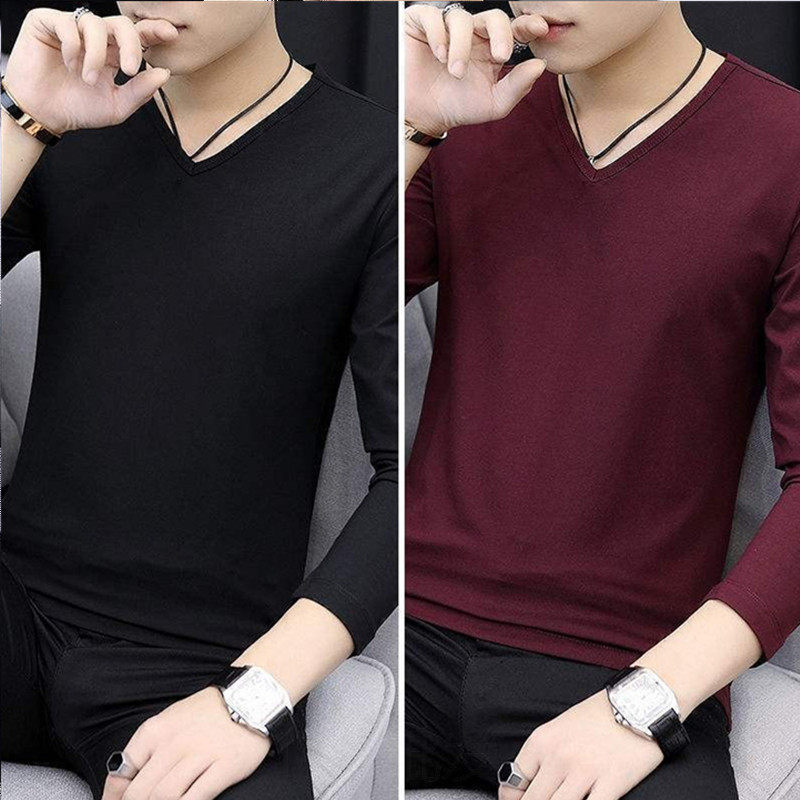 2件】莫代尔长袖t恤男装新款纯色V领内搭打底衫秋季小衫薄款秋衣