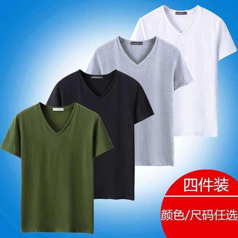 莫代尔男士短袖t恤v领纯色夏装修身黑白色潮流冰丝半袖上衣服体恤