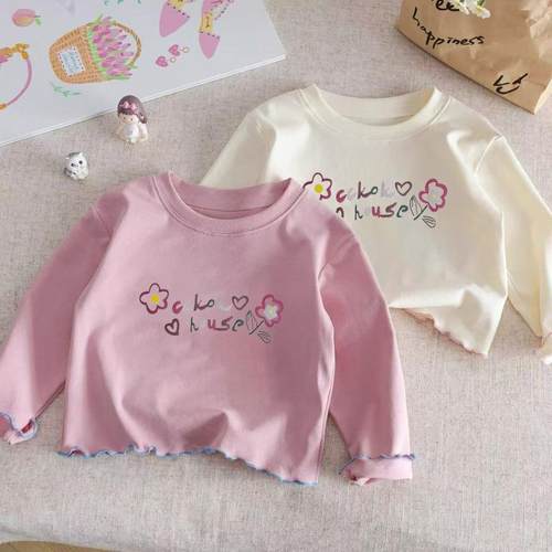 女童长袖T恤春秋花边圆领