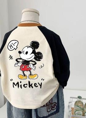 纯棉男女儿童t恤长袖新款拼色米奇卡通中小童内搭打底衫上衣春秋T