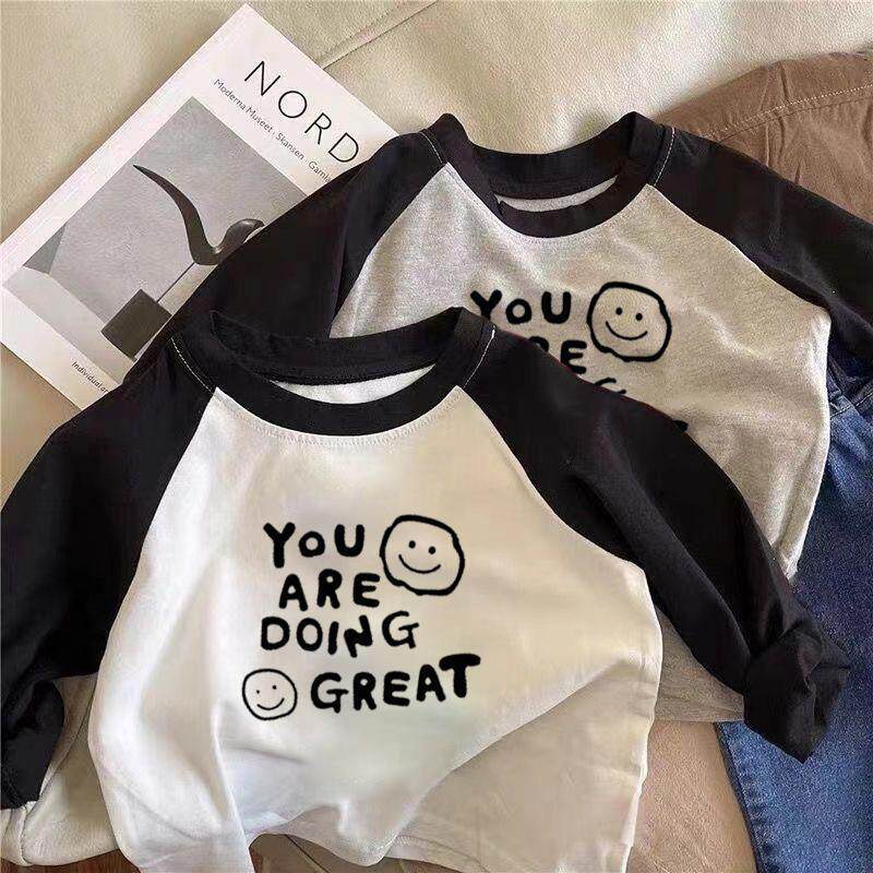 春秋儿童纯棉长袖T恤男童女童圆领插肩拼色上衣宝宝打底衫小孩棉t