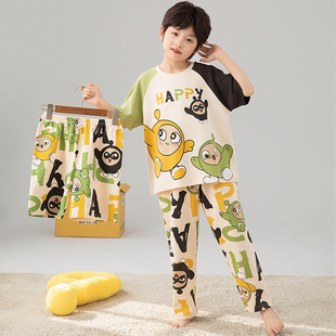 男童睡衣夏季纯棉短袖短裤三件套男孩青少年长裤春秋夏季薄款套装