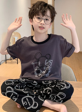 男童睡衣儿童春秋季短袖长裤套装