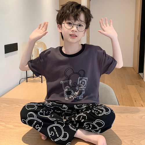 男童睡衣儿童春秋季短袖长裤套装