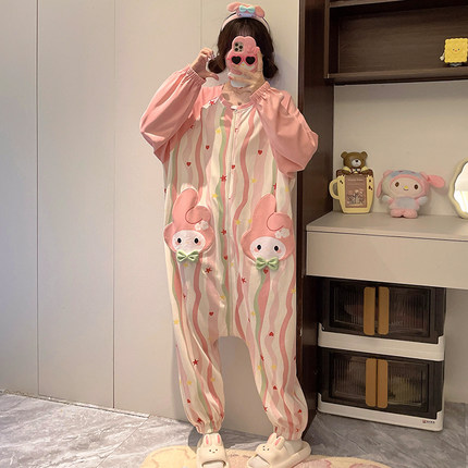 连体纯棉卡通睡衣女长袖春夏薄款学生防着凉大码连身2025新款秋款