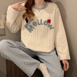 纯棉睡衣女长袖加厚秋冬季空气棉初中生15岁女孩大童夹层保暖套装