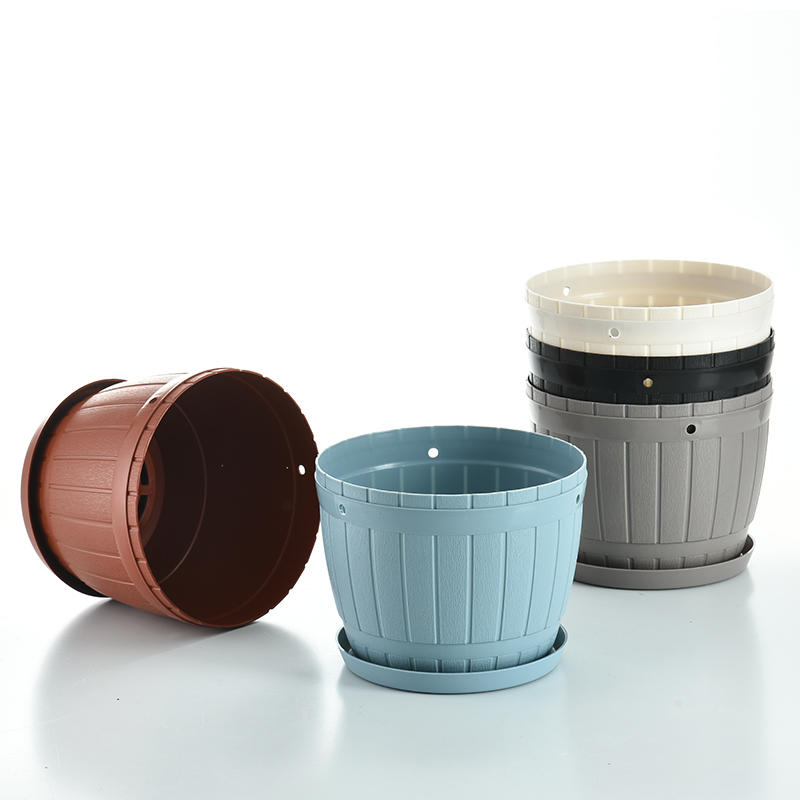 新款加厚树脂吊篮仿木桶多肉塑料花盆大号圆形木纹盆带厚托盘