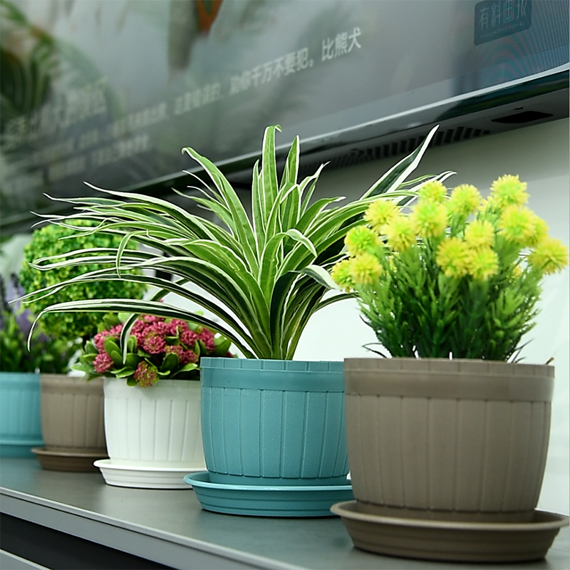 新款加厚树脂花盆仿木桶多肉塑料花盆大号圆形木纹盆带厚托盘