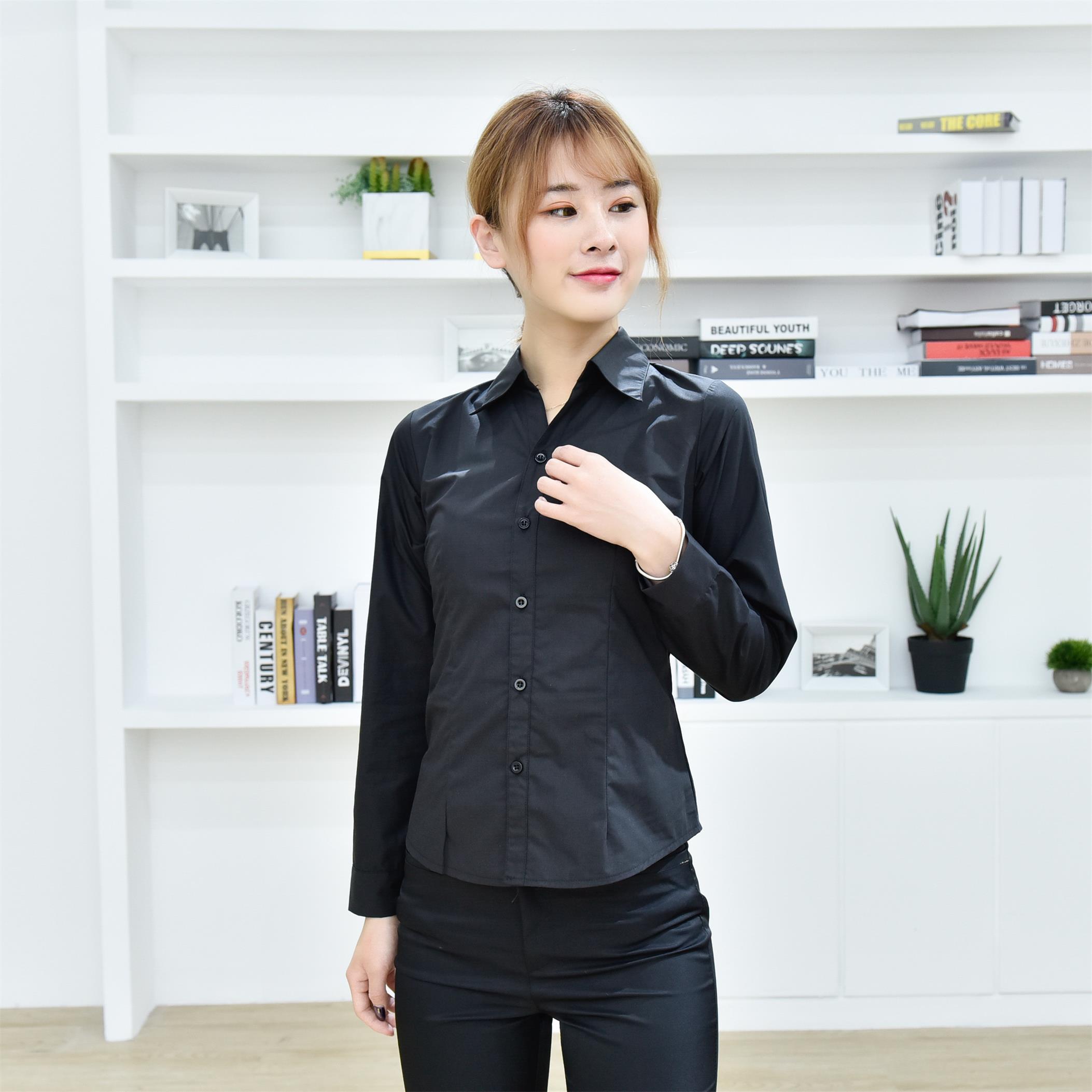 纯黑衬衫女长袖职业正装v领衬衣棉修身显瘦工装工作服百搭