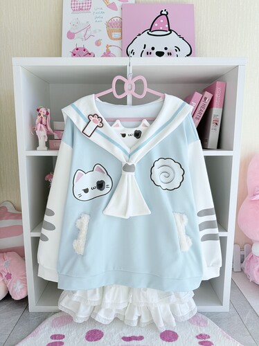 日系小个子小猫海军领卫衣宅萌可爱软妹猫耳朵宽松学生长袖外套