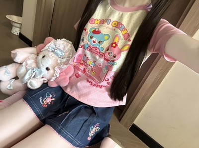 RichGirl少女甜美粉白波点插肩短袖T恤卡通娃娃屋印花软妹日系