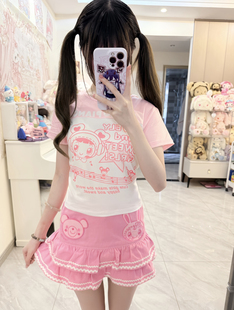 粉色T恤 RichGirl日系可爱卡通印花甜美可爱复刻mp拼色软妹风长袖