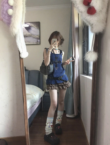 亚文化古早甜酷韩版学院风少女套装涂鸦背心高腰拼接豹纹蛋糕短裙