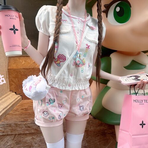 日系软妹甜美刺绣泡泡袖上衣+卡通短裤元气减龄少女感穿搭两件套
