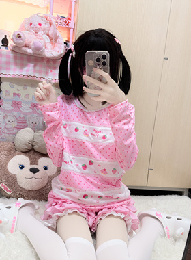 RichGirl少女原创秋冬新款可爱草莓印花软妹拼色圆领蕾丝长袖T恤