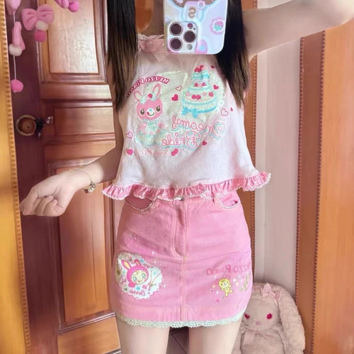 RichGirl少女【蛋糕兔兔】背心可爱甜美兔兔蛋糕印花无袖短款吊带