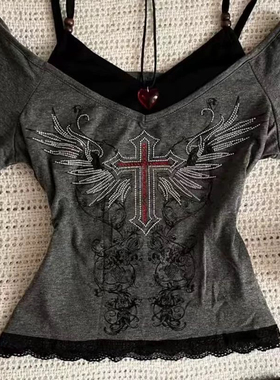 RichGirl辣妹古着y2k亚文化穿搭十字架印花设计感假两件上衣