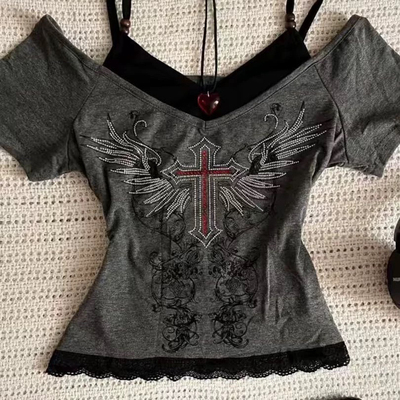 RichGirl辣妹古着y2k亚文化穿搭十字架印花设计感假两件上衣