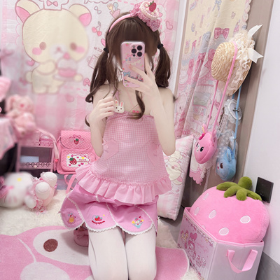 RichGirl粉色可爱日系古着爱心兔蝴蝶结吊带背心+刺绣短裙两件套