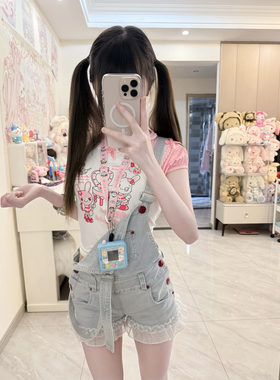 RichGirl日系可爱亚萌拼色童趣甜美内搭短袖夏季古着印花软妹T恤