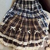 RichGirl少女日系复古格子蛋糕半身裙女秋冬甜酷辣妹风蕾丝拼接