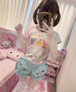 RichGirl少女元气泡泡印花粉蓝拼色宽松短袖短裤软妹可爱两件套装