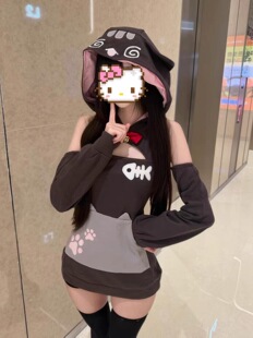 RichGirl日系可爱宅萌小猫印花耳朵连帽可拆卸长袖软妹卫衣裙秋冬