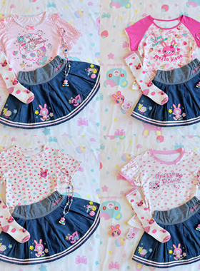 大合集RichGirl少女日系软妹风可爱卡通印花短袖T恤+牛仔短裙套装