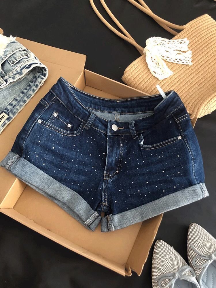 深蓝色烫钻卷边牛仔超短裤女夏季新款弹力低腰性感a字包臀热裤子