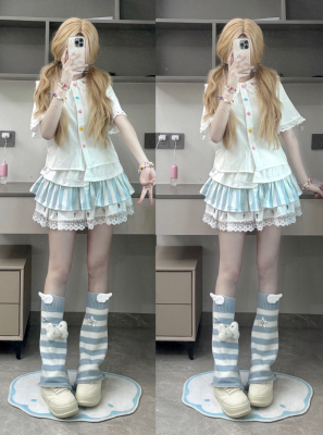 RichGirl少女甜美套装星星彩虹糖衬衫设计感拼色条纹十字架半身裙