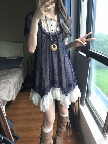 古着vintage假两件波点连衣裙夏季新款不规则小众设计感复古裙子