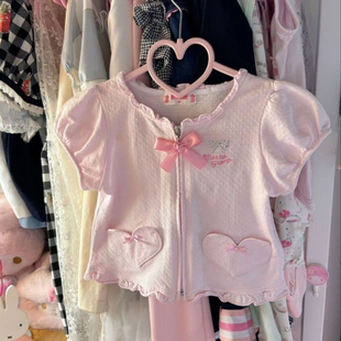 软妹RichGirl日系可爱童趣蝴蝶结mp开衫 古着打底软妹上衣 圆领短袖