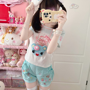 浅蓝卡通刺绣短裤 RichGirl日系软妹风浅蓝白拼色短袖 T恤蛋糕印花