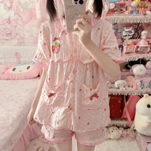 家居服学生可爱套装 RichGirl草莓刺绣睡衣女夏季 显瘦娃娃领开衫