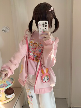 RichGirl少女自制可爱mp粉色长袖印花甜美圆领甜屋T恤打底上衣