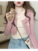 荷叶边针织开衫 外套女长袖 学院风高腰春秋甜妹显瘦纯色蝴蝶结上衣