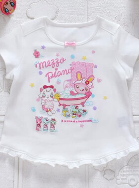 RichGirl日系可爱卡通印花短袖T恤纯棉柔软荷叶边下摆蝴蝶结装饰