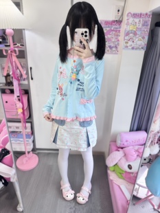 日系浅蓝色彩虹纽扣开衫外套小个子蝴蝶结mp女儿服绣花可爱上衣萌