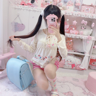 甜美套装 RichGirl流苏花边蝴蝶结系带刺绣长袖 T恤粉萌松紧腰短裤