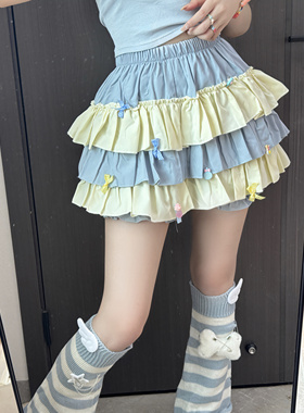 RichGirl少女夏季新款拼色花边南瓜裤蓬蓬半身蛋糕裙少女百搭短裙