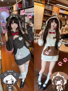 日系可爱宅萌小猫印花耳朵连帽长袖春秋软妹服宽松露肩上衣卫衣女