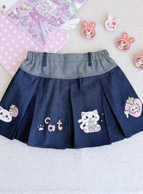 RichGirl少女原创日系可爱软妹风牛仔百褶草莓奶猫咪刺绣A字短裙