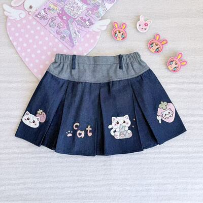 RichGirl少女原创日系可爱软妹风牛仔百褶草莓奶猫咪刺绣A字短裙