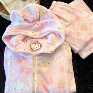 甜粉可爱卡通印花连帽珊瑚绒睡衣女冬季 可出门保暖加绒家居服套装