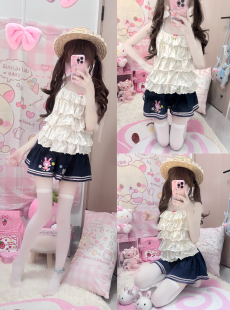 上衣搭配牛仔短裙套装 Rich Girl原创少女日系可爱小猫植物系短袖