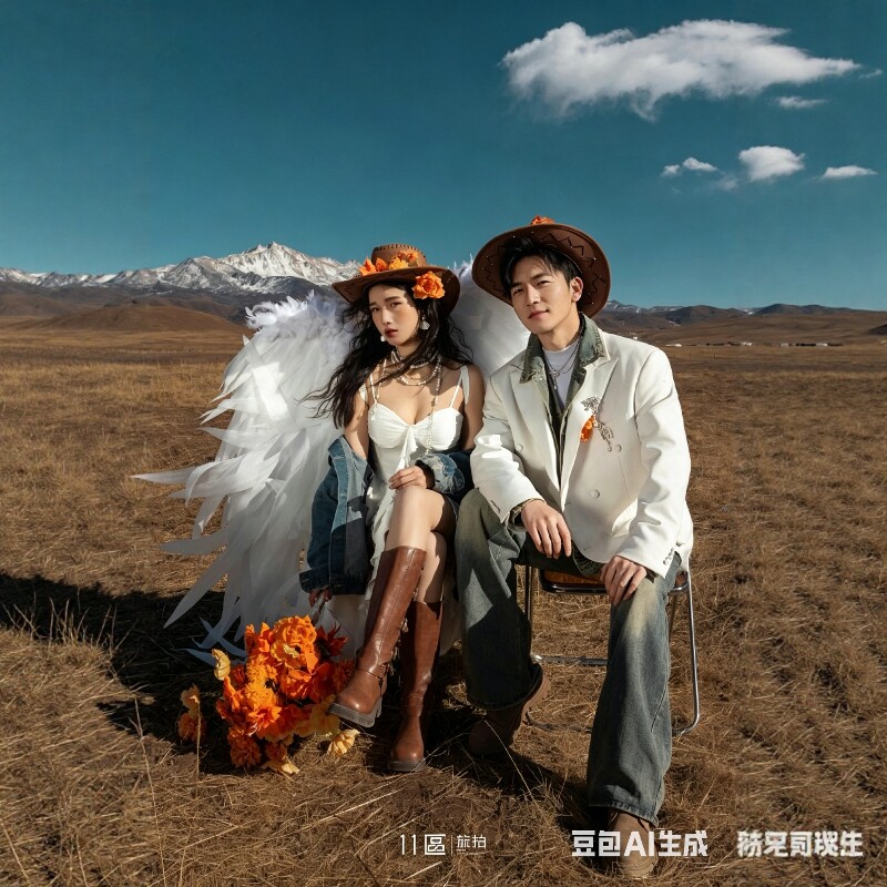白色川西草原旅拍婚纱照摄影服