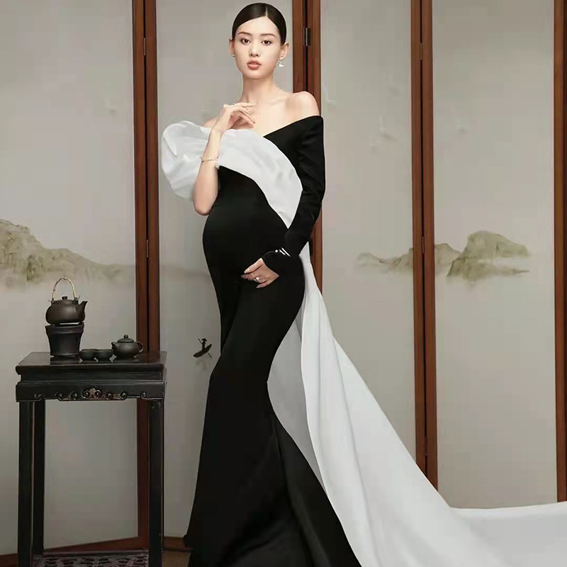 影楼爆款孕妇拍照服装 复古中国风黑白缎面大肚子妈咪 礼服