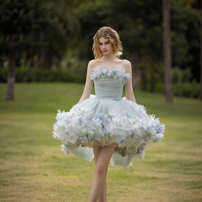 法式梦幻风抹胸立体花蛋糕裙女超仙公主风小个子蓬蓬裙拍照礼服