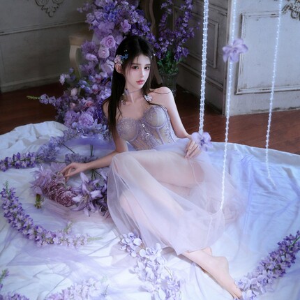仙女风紫色纯欲清冷蕾丝透视网纱私房写真唯美氛围感摄影礼服
